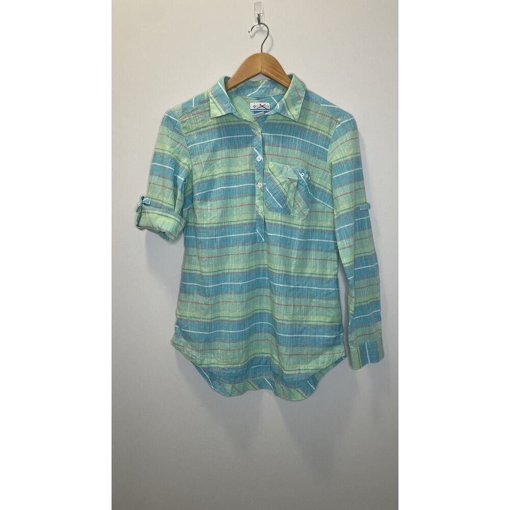Columbia Plaid Shirt 1/4 Button Pocket Long Roll Tab Sleeves Pastel Cotton Top M - Picture 2 of 12